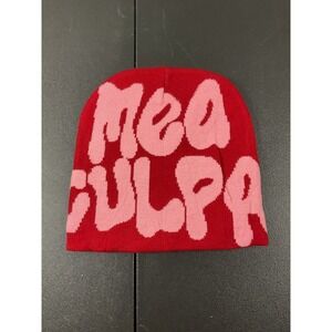 Mea Culpa Knit Beanie Hat Red Pink Bubble Letter Streetwear One Size